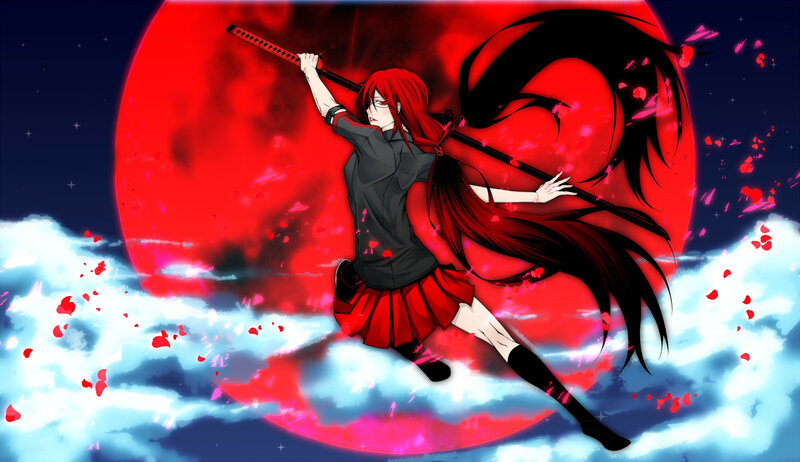 Red-haired Girl with Sword — Red, Dramatic, Night, Anime, Moon, Clouds