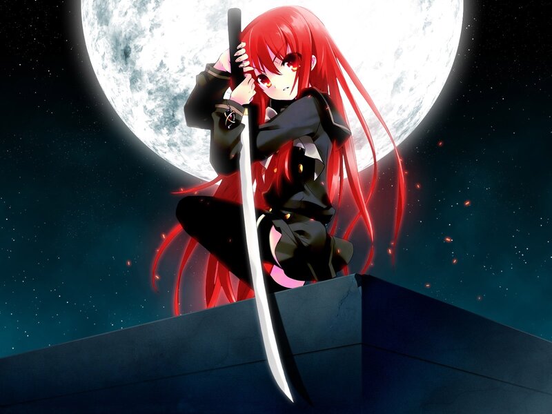 Red-haired Girl with Sword — Red, Dramatic, Night, Anime, Moon, Night Sky