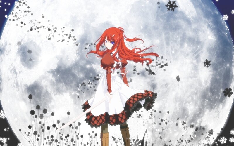 Red-haired Girl with Sword — Red, Dramatic, Night, Anime, Moon