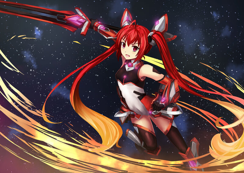 Red-haired Girl with Sword — Red, Dramatic, Night, Anime, Space, Fire