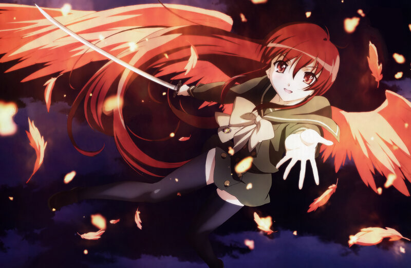 Red-haired Girl with Sword — Red, Dramatic, Night, Anime, Wings