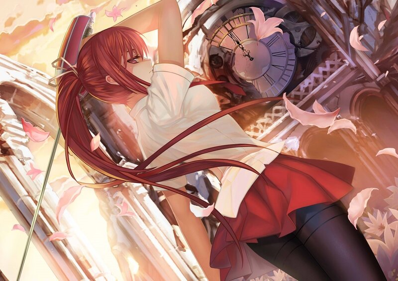 Red-haired Girl with Sword — Red, Dramatic, Sunset, Anime, Clock
