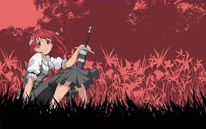Red-haired Girl with Sword — Red, Dramatic, Sunset, Anime, Grass
