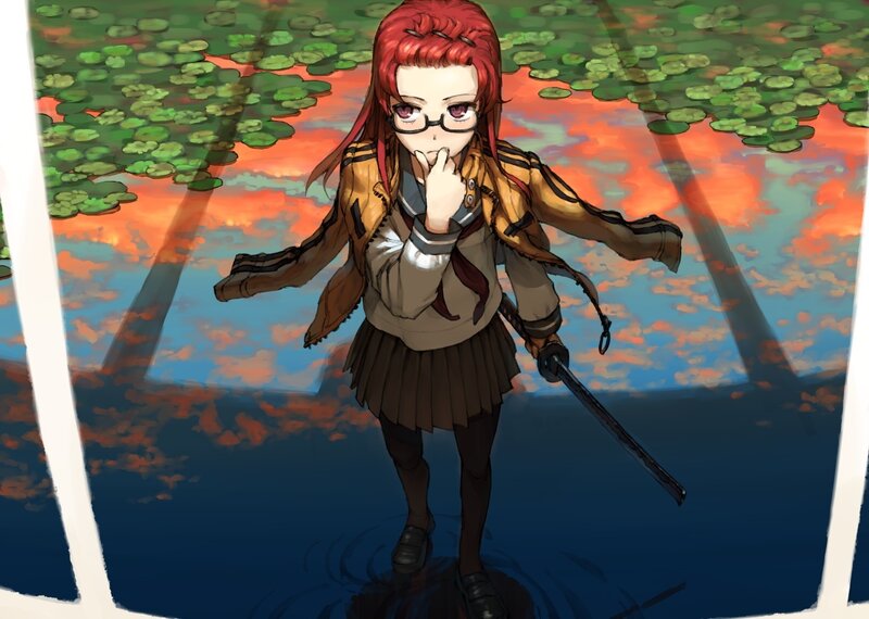 Red-haired Girl with Sword — Red, Dramatic, Sunset