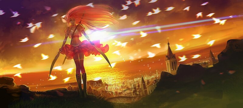 Red-haired Girl with Swords — Orange, Dramatic, Sunset