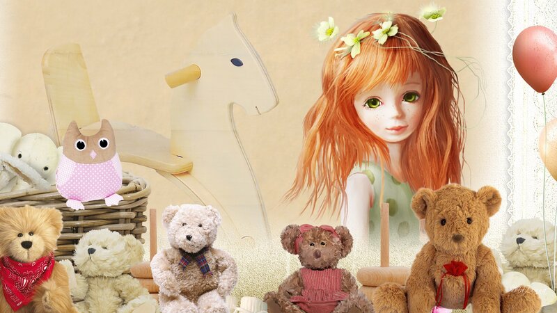 Red-haired Girl with Teddy Bears