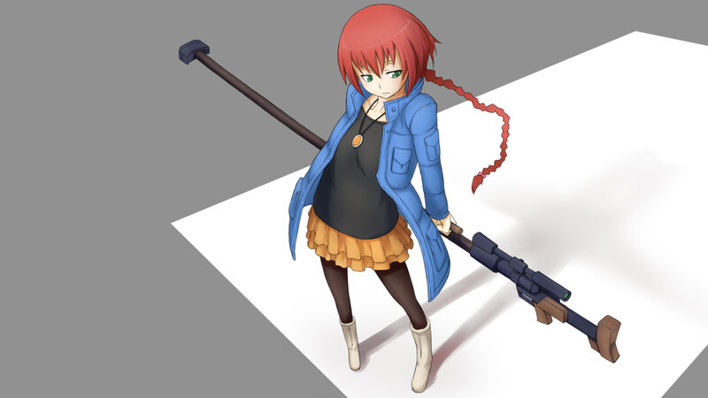 red-haired girl with weapons