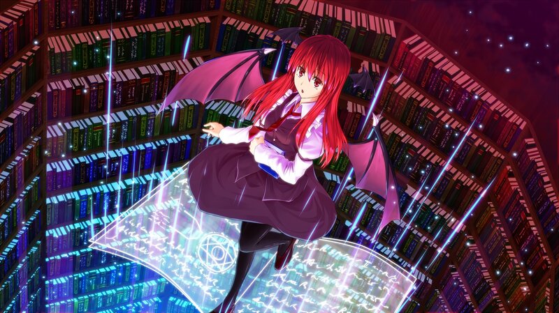 Red-haired girl with wings in library
