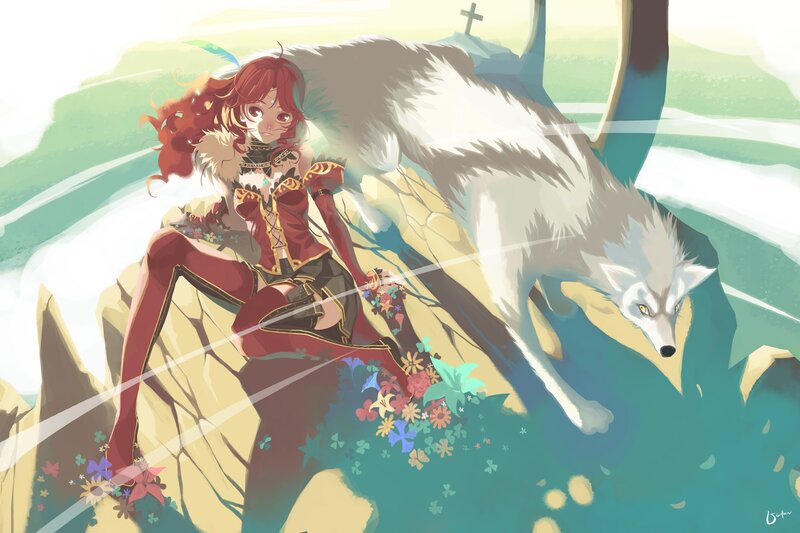 Red-haired Girl with Wolf — Green, Serene
