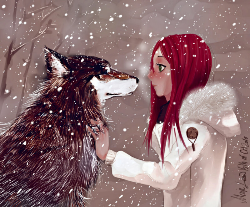 Red-haired Girl with Wolf — White
