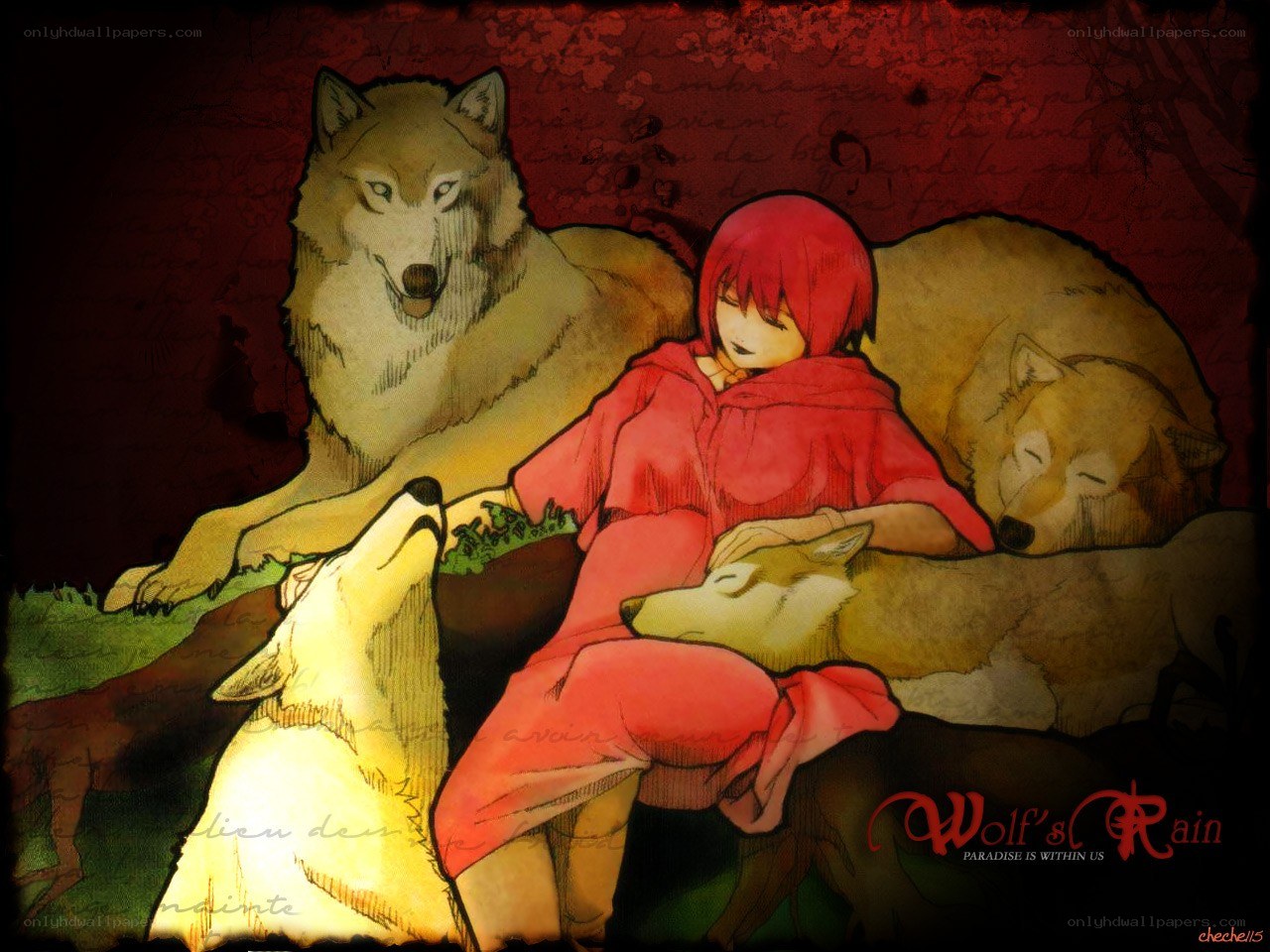 Red-haired girl with wolves