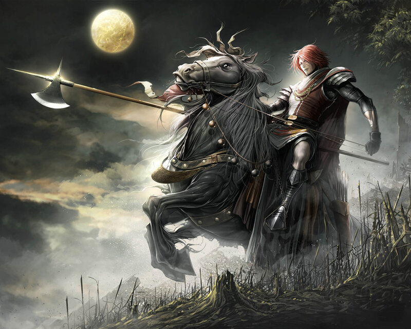 Red-haired Knight on Horse — Black, Dramatic, Night
