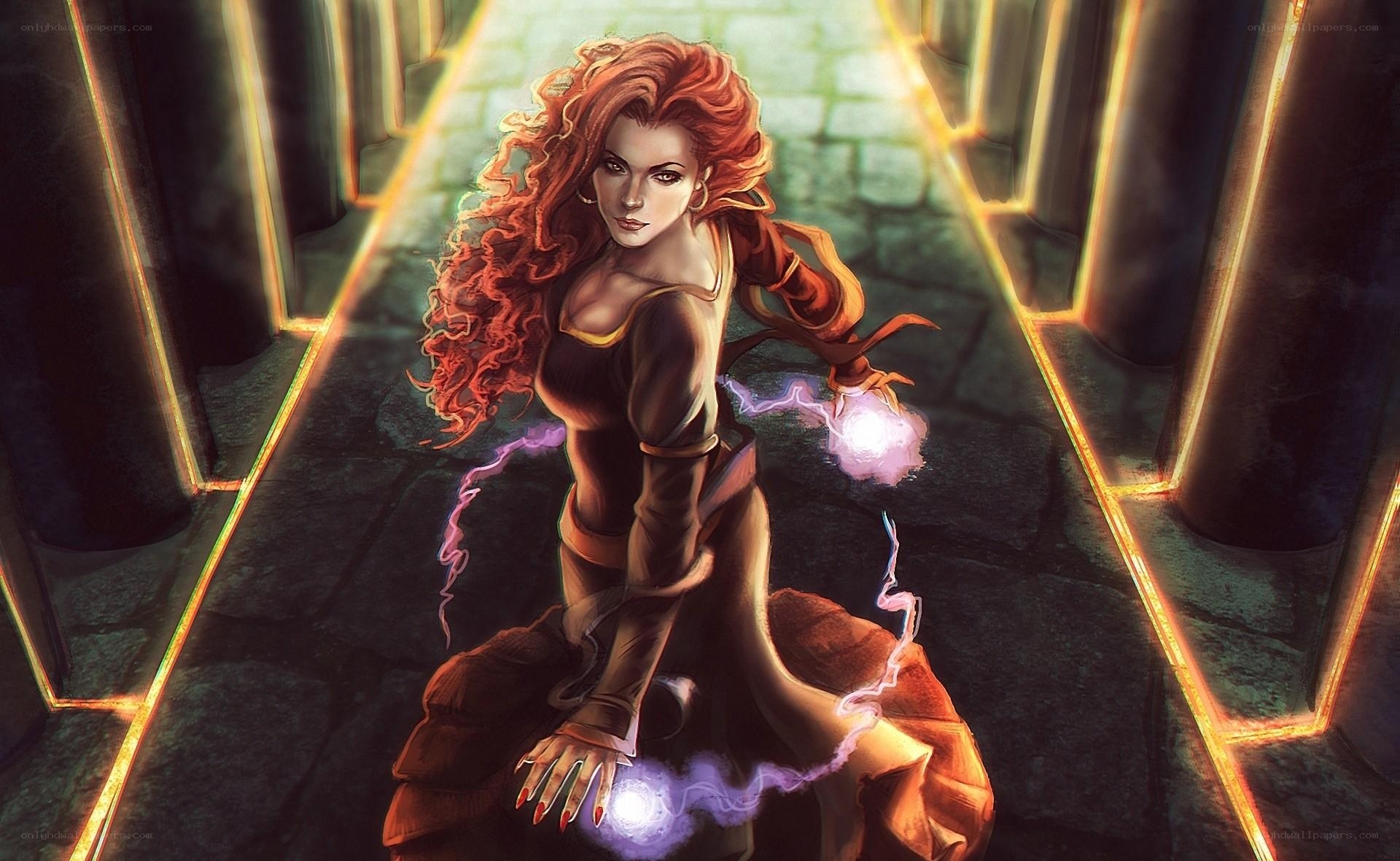 Red-haired mage in a corridor