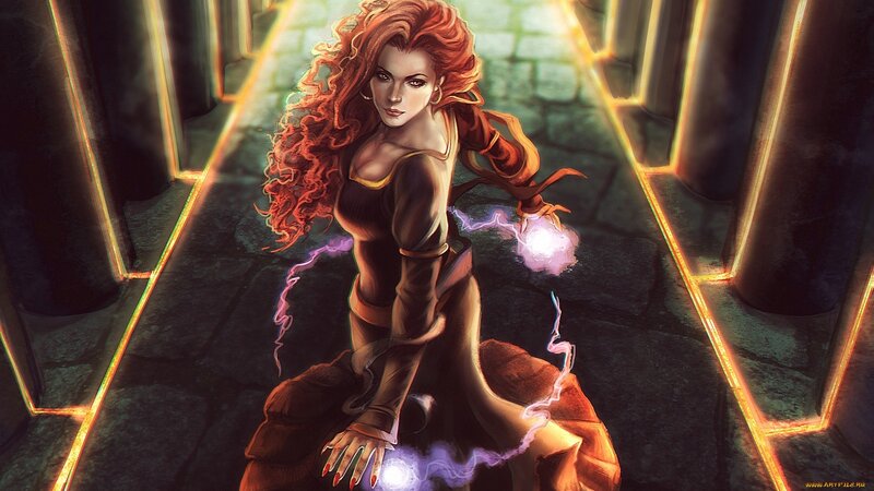 Red-haired mage in a stone corridor