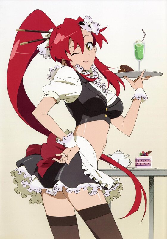 red-haired maid serving dessert
