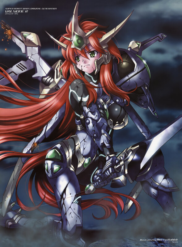 Red-haired mecha pilot in battle