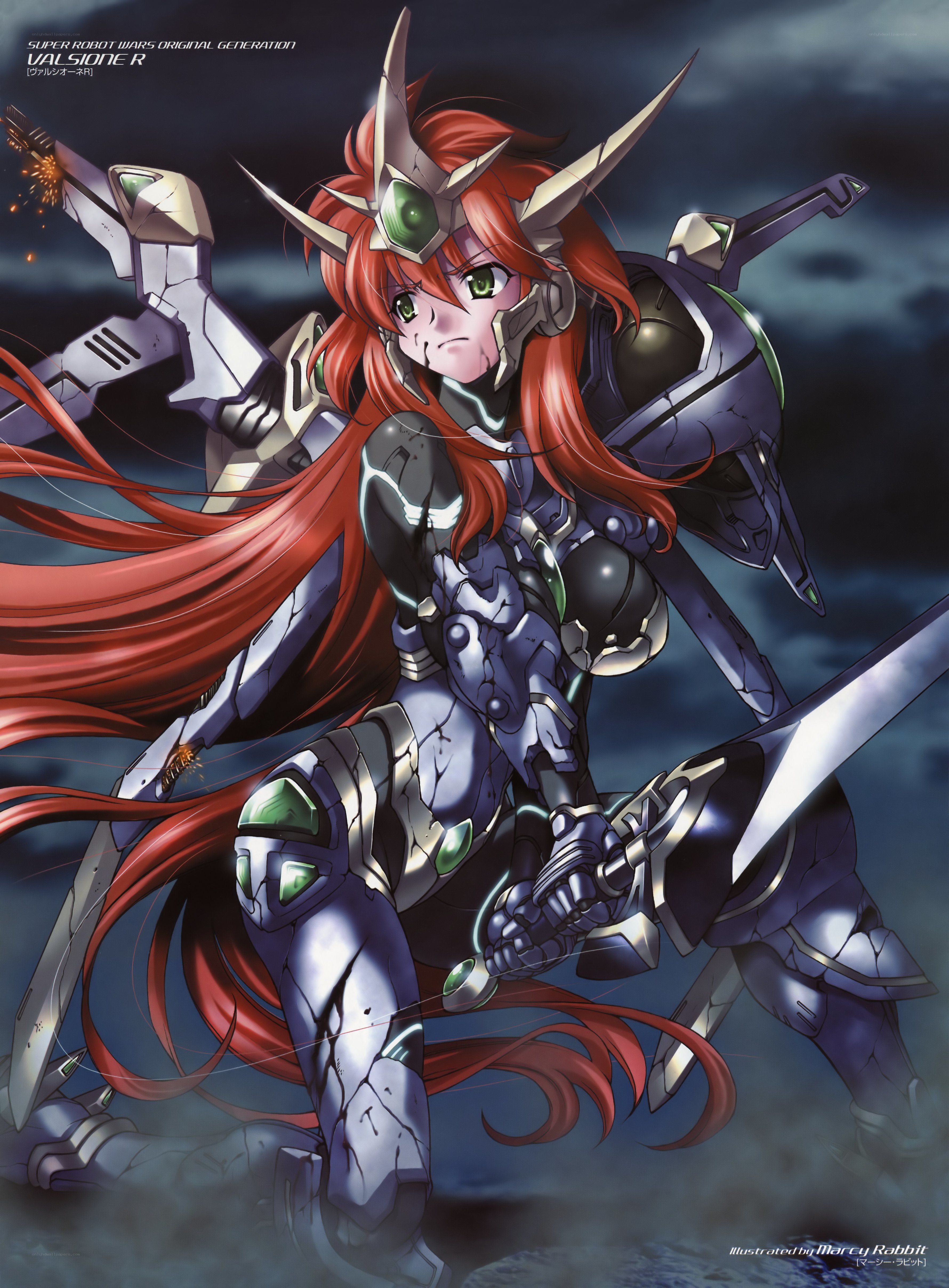 Red-haired mecha pilot in battle