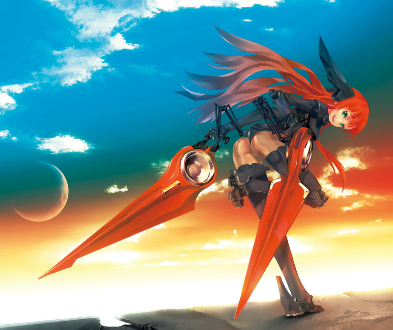 Red-haired mecha warrior in sunset