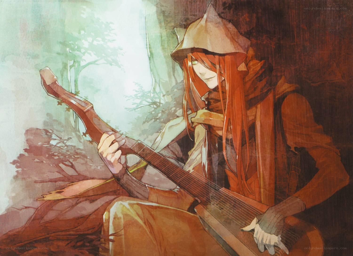 red-haired musician in forest