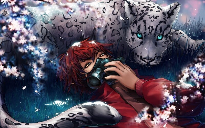 Red-haired Person with Snow Leopard — Red, Serene, Night, Digital Art