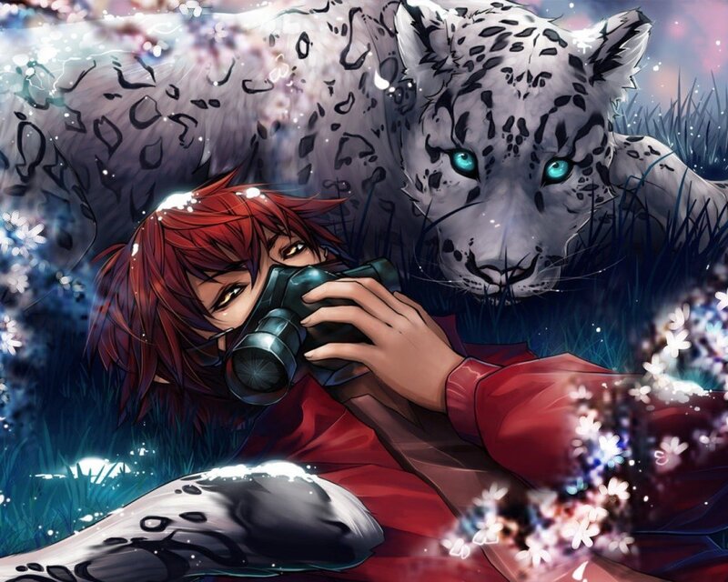 Red-haired Person with Snow Leopard — Red, Serene, Night