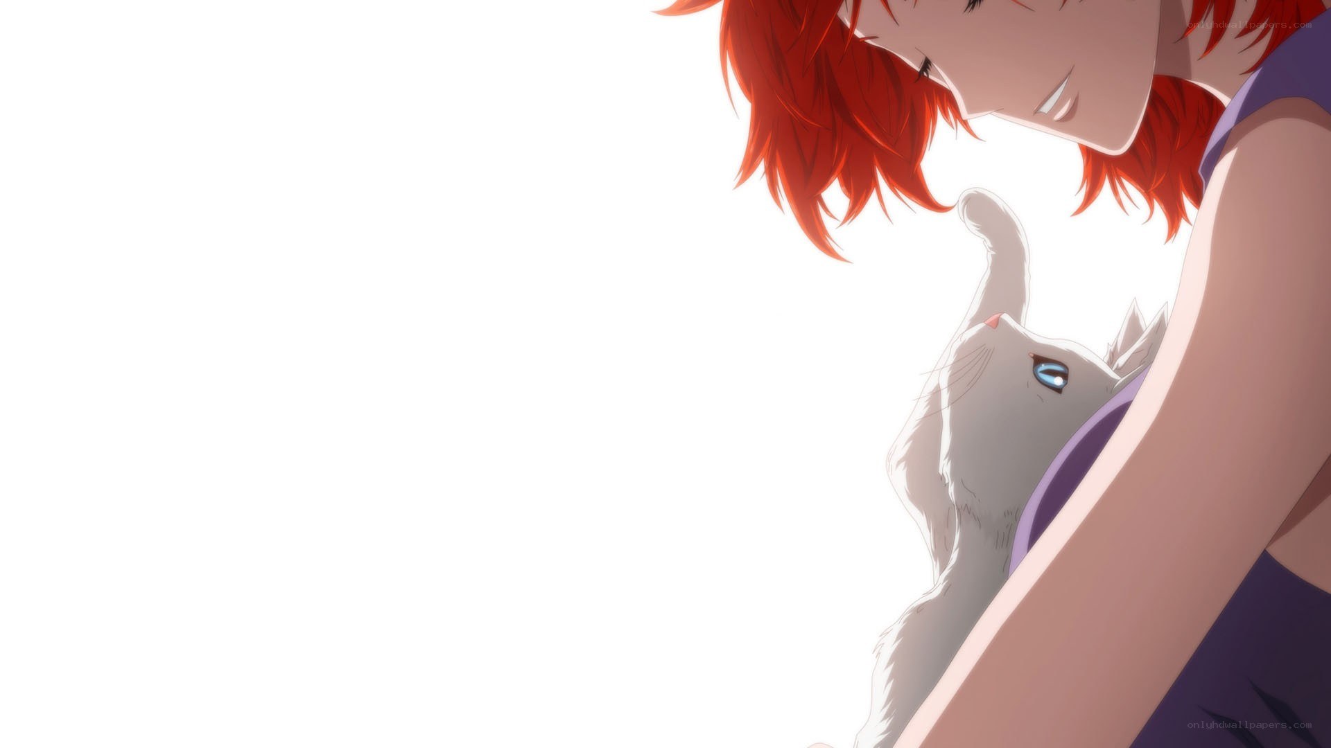red-haired person with white cat