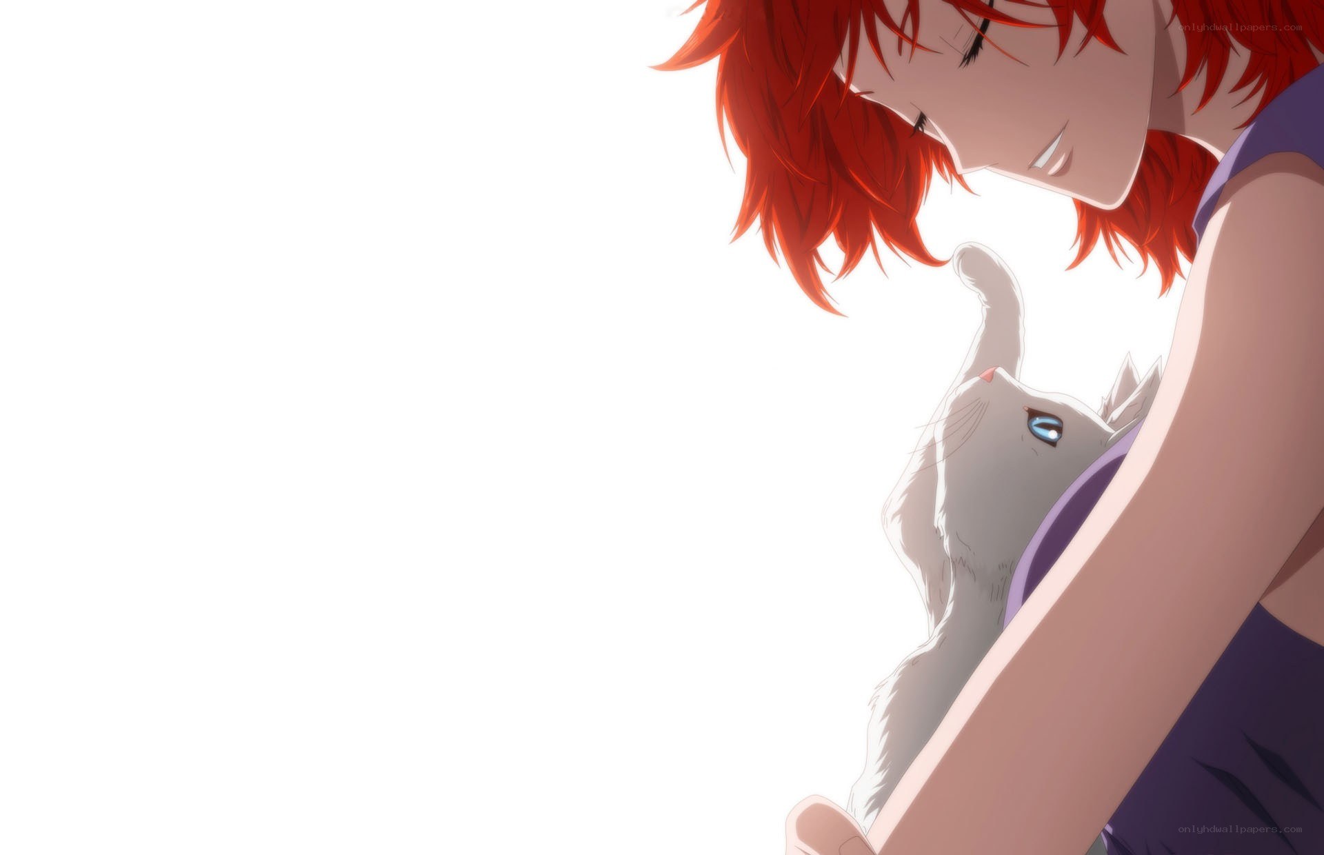 red-haired person with white cat