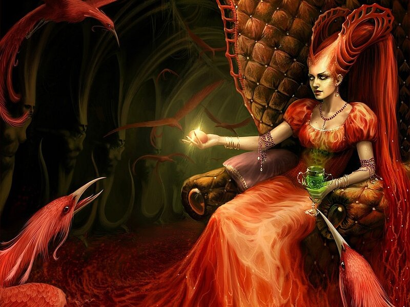 Red-haired queen with birds
