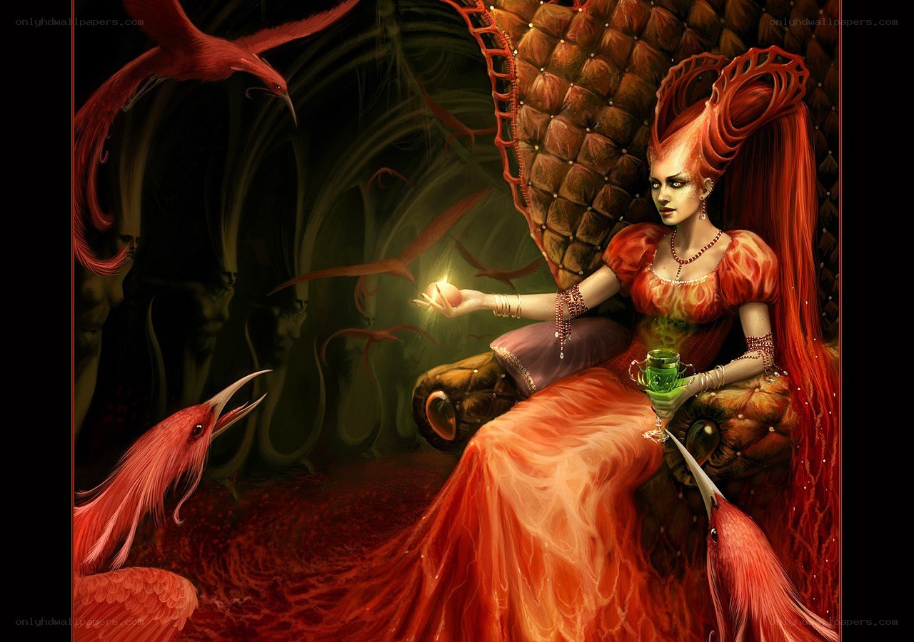 Red-haired queen with birds