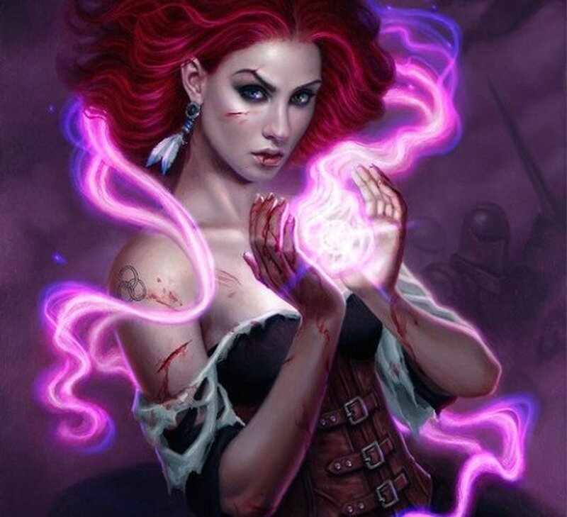 Red-haired sorceress casting spell