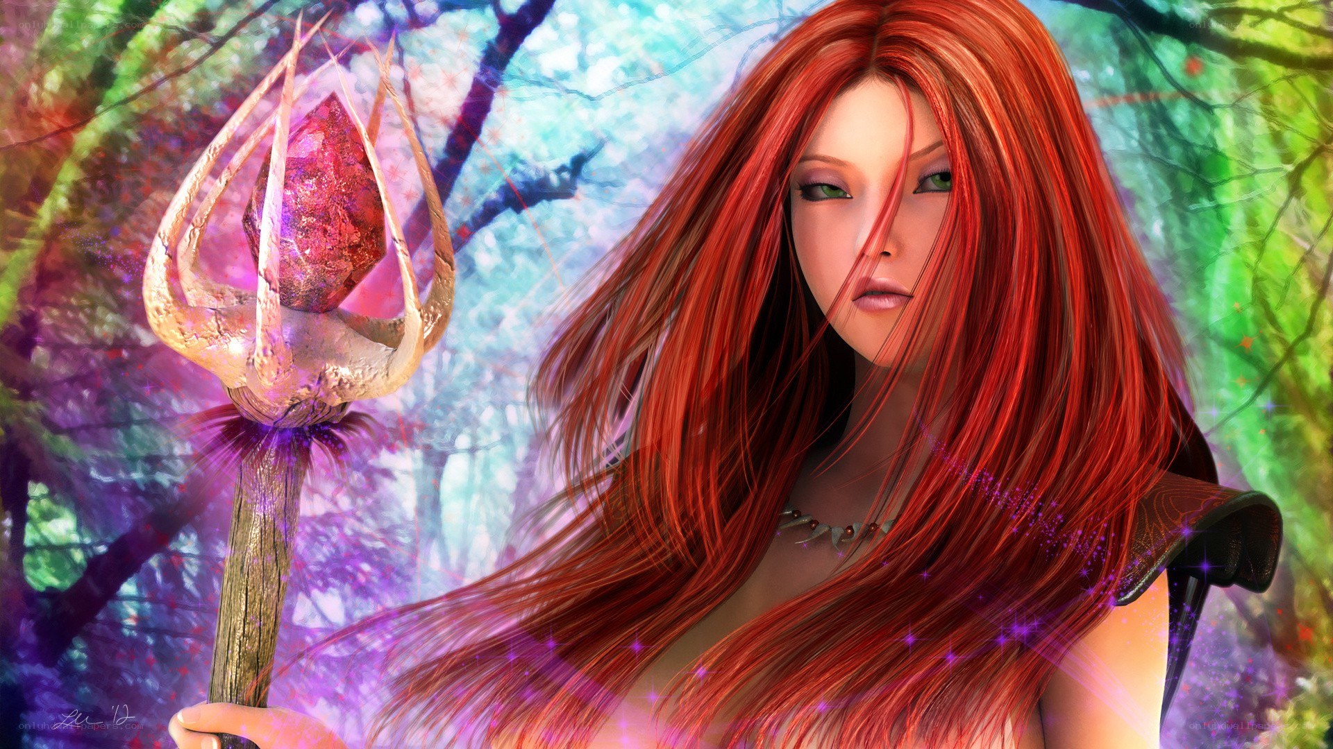 Red-haired sorceress in forest