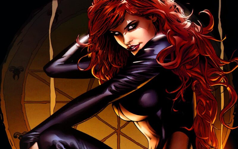 Red-haired superhero in black suit