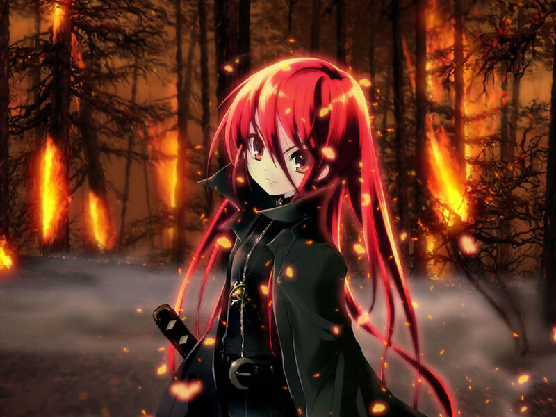 Red-haired warrior in burning forest