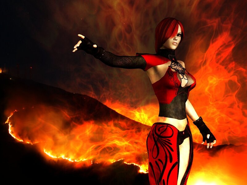 Red-haired warrior in fiery landscape