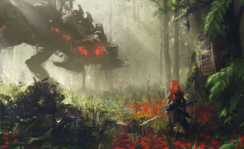 Red-haired Warrior in Forest — Green, Dramatic