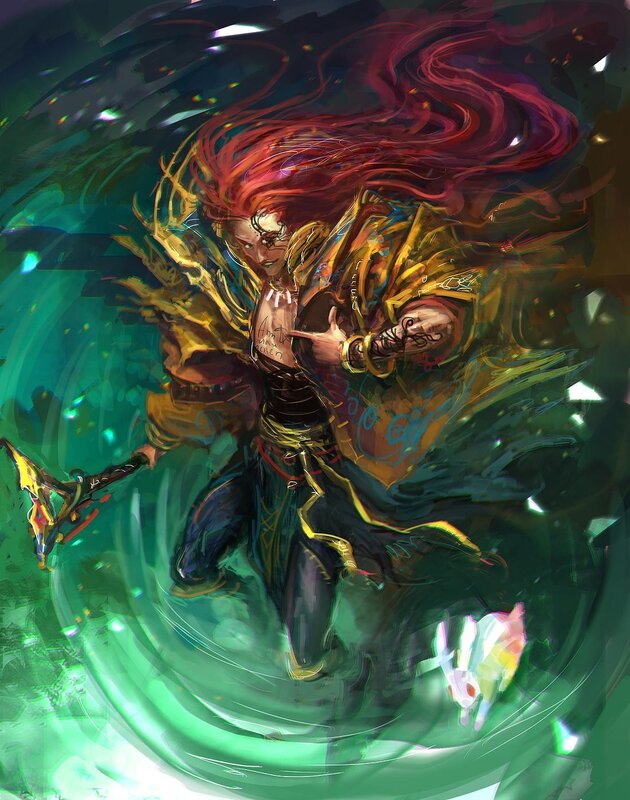 red-haired warrior in green vortex