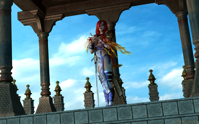red-haired warrior on a balcony