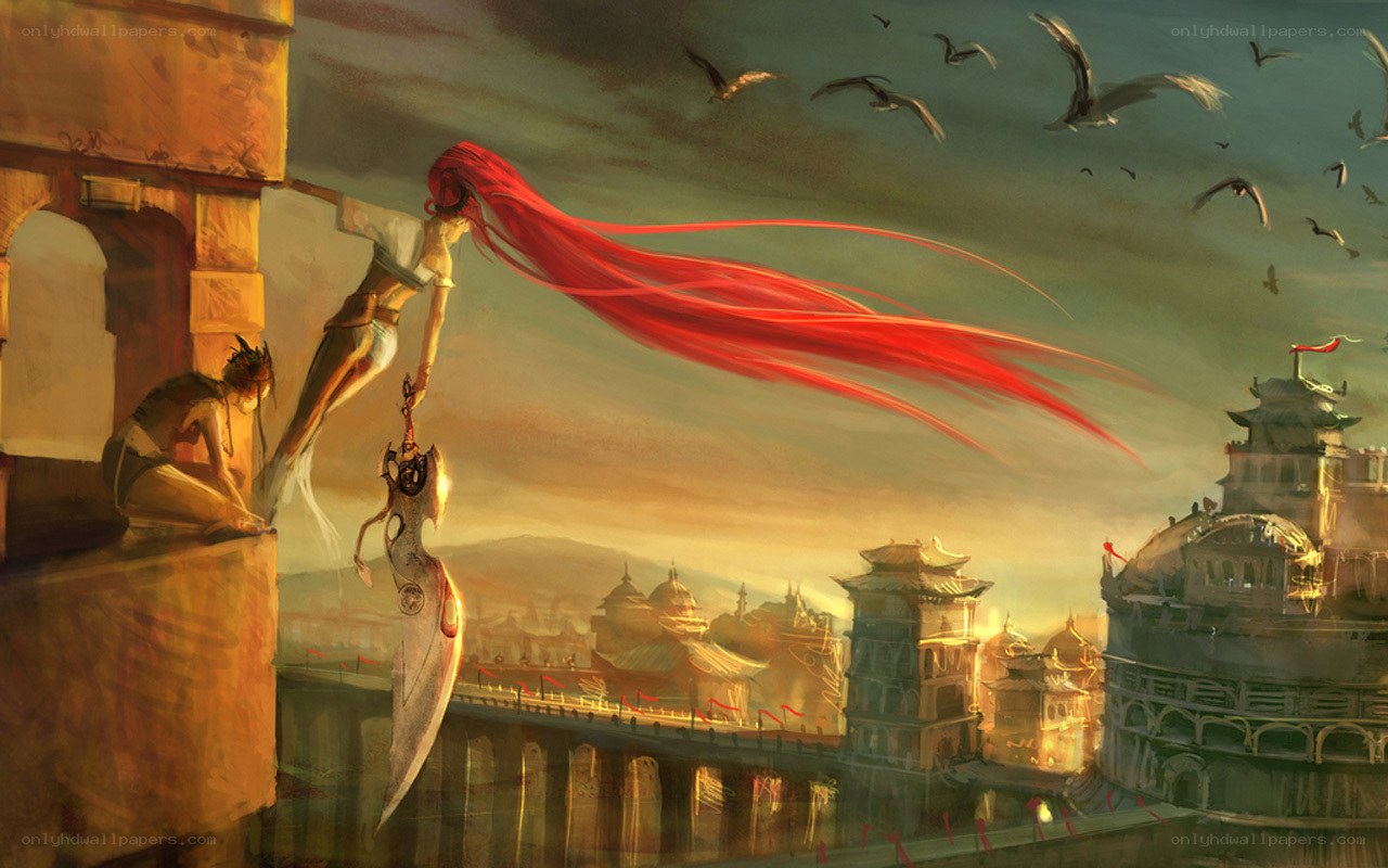 Red-haired warrior on a city ledge