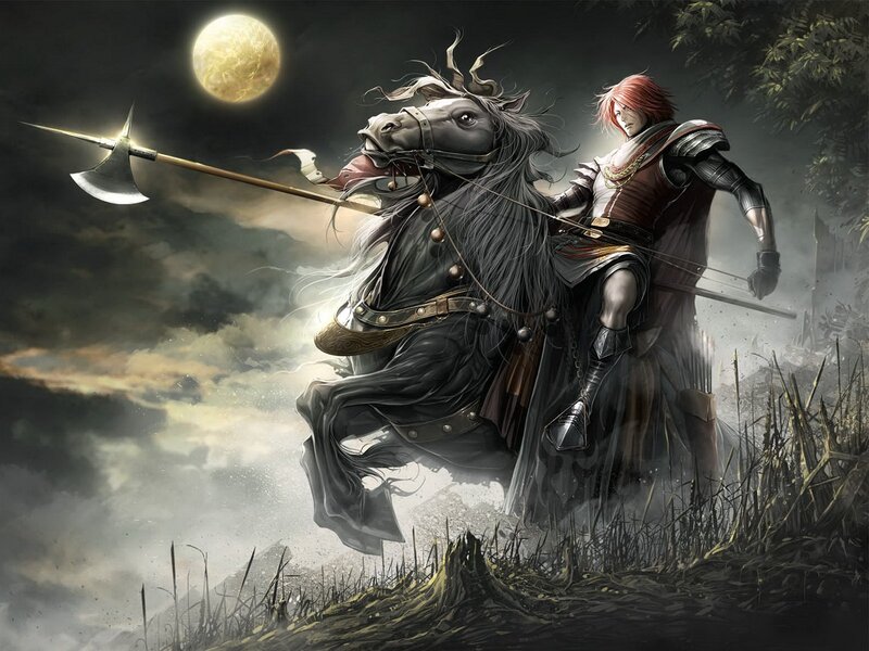 Red-haired Warrior on Horse — Black, Dramatic