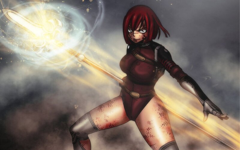 Red-haired warrior with glowing staff