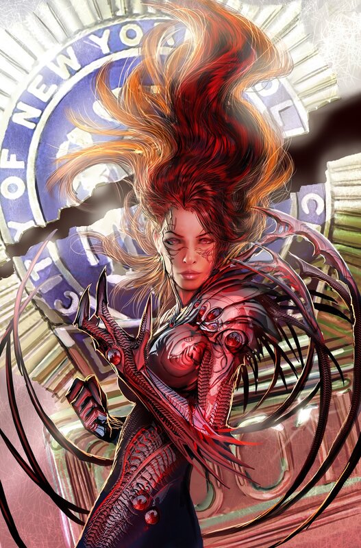 Red-haired warrior with mechanical armor
