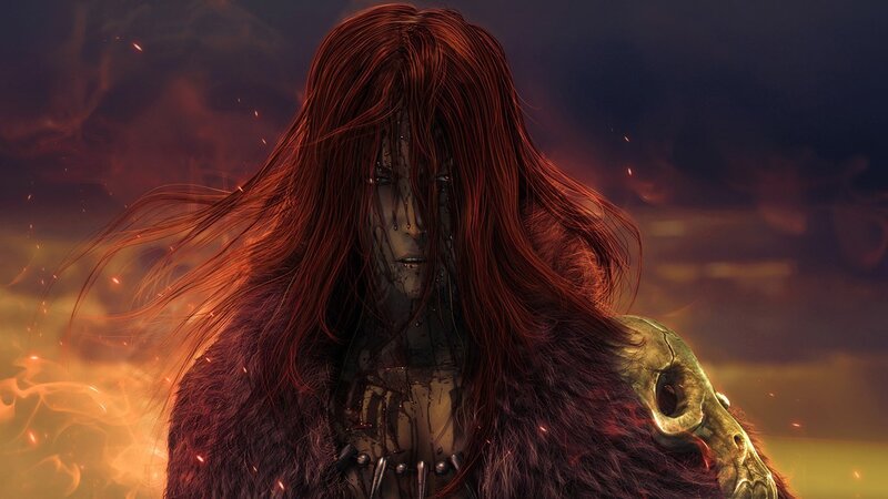 Red-haired Warrior with Skull — Red, Dramatic, Sunset