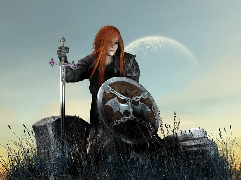Red-haired warrior with sword and shield