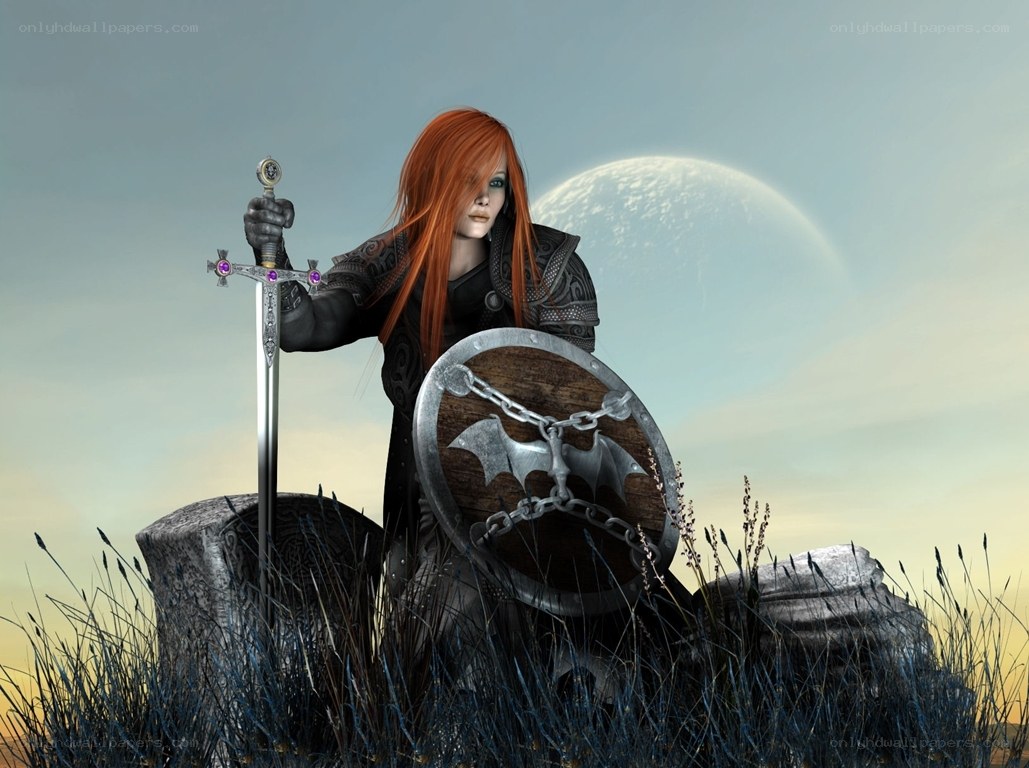 Red-haired warrior with sword and shield