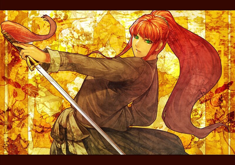 Red-haired Warrior with Sword — Red, Dramatic, Autumn, Anime