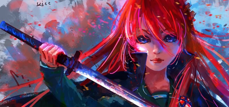 Red-haired Warrior with Sword — Red, Dramatic, Digital Art, Blood Splatter
