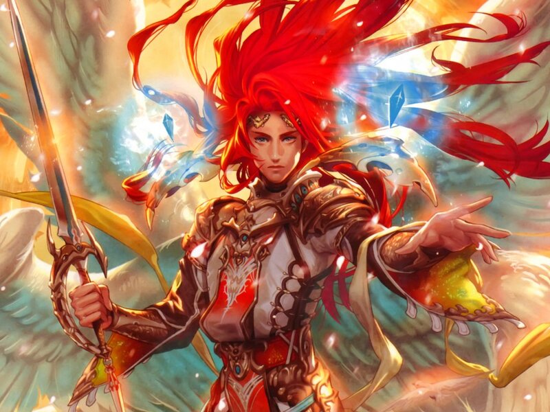 Red-haired Warrior with Sword — Red, Dramatic, Digital Art, Dragon