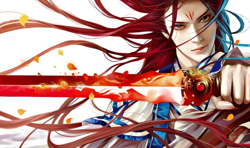 Red-haired Warrior with Sword — Red, Dramatic, Digital Art, Hair, Clothing