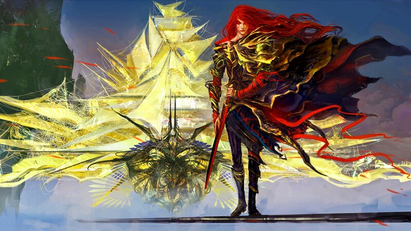 Red-haired Warrior with Sword — Red, Dramatic, Digital Art, Sailboat