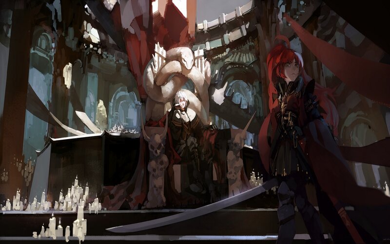 Red-haired Warrior with Sword — Red, Dramatic, Digital Art, Skeletons